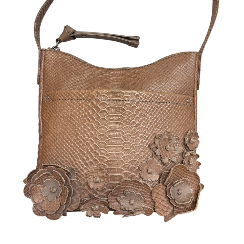 Frye Melissa 3D brown floral swingPack crossbody bag in snake embossed leather